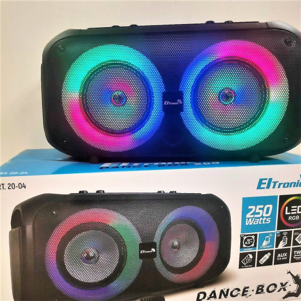 Беспроводная портативная bluetooth колонка Eltronic DANCE BOX 200 арт. 20-04 с проводным микрофоном, LED-подсветкой и RGB светомузыкой, пультом дистанционного управления